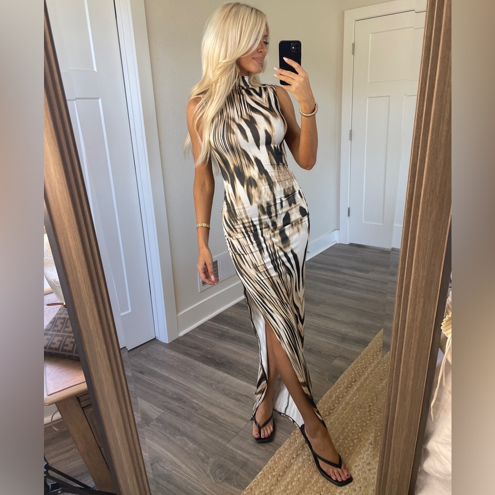 New Sleeveless Animal Print Maxi Dress with Side Slit
